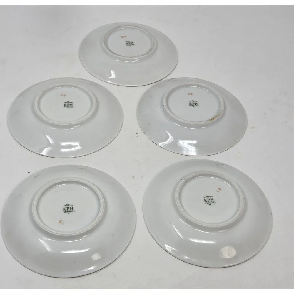 KPM Krister Germany Porcelain Saucer Set 5 Pink Rose Garland Gold Trim Antique